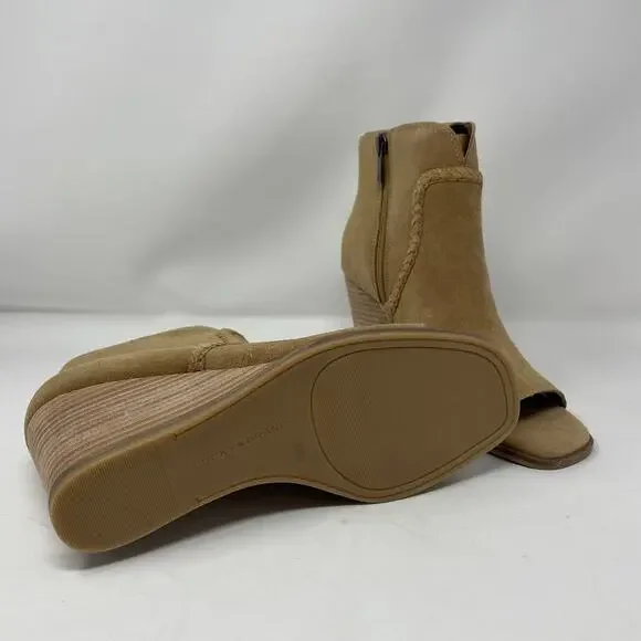 Lucky Brand Lureli Wedge Booties 9 Suede Open Toe Stacked Heel Leather Tan - Picture 6 of 8